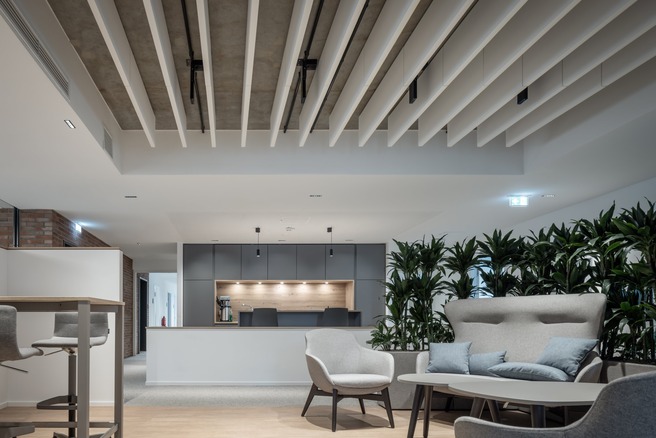 Modern gestalteter Lounge-Bereich mit Sesseln, Couch und Couchtisch vor einer begrünten Raumtrennung, im Hintergrund offene Teeküche und Holzdecke