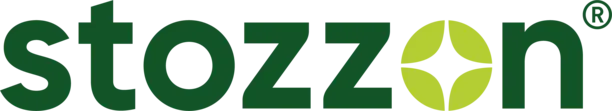 Logo von Stozzon in grüner und gelber Schrift, bestehend aus dem Markennamen und einem stilisierten Symbol, das an ein Blatt oder einen Samen erinnert.