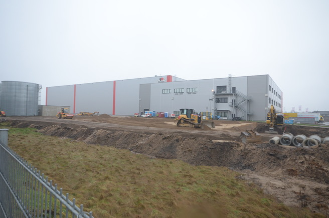 Bauarbeiten am Queisser-Logistikzentrum bei Nebelwetter mit Baggern und Planierraupen.