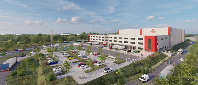 Visualisierung der Erweiterung des Queisser Pharma Logistikzentrums, mit großem Parkplatz, Ladezonen für LKWs und umliegender Begrünung.