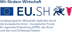 Förderlogo EU.SH: Europäische Union, Europäischer Fonds für regionale Entwicklung (EFRE), Bundesrepublik Deutschland und Land Schleswig-Holstein. Text: ‚Wir fördern Wirtschaft‘.
